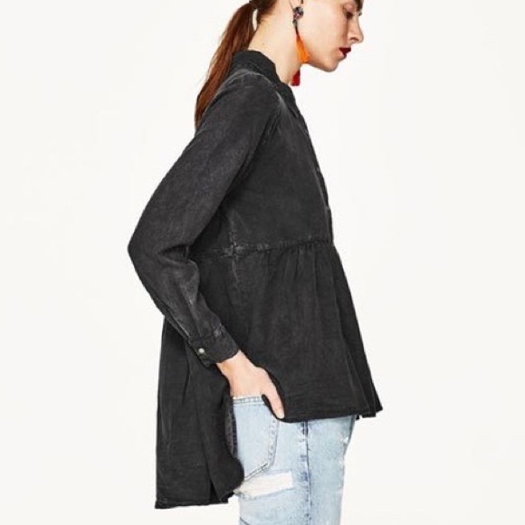 ZARA Premium Collection Denim Babydoll Shirt Blouse Top Blue Purple Gray S-M - Picture 4 of 5